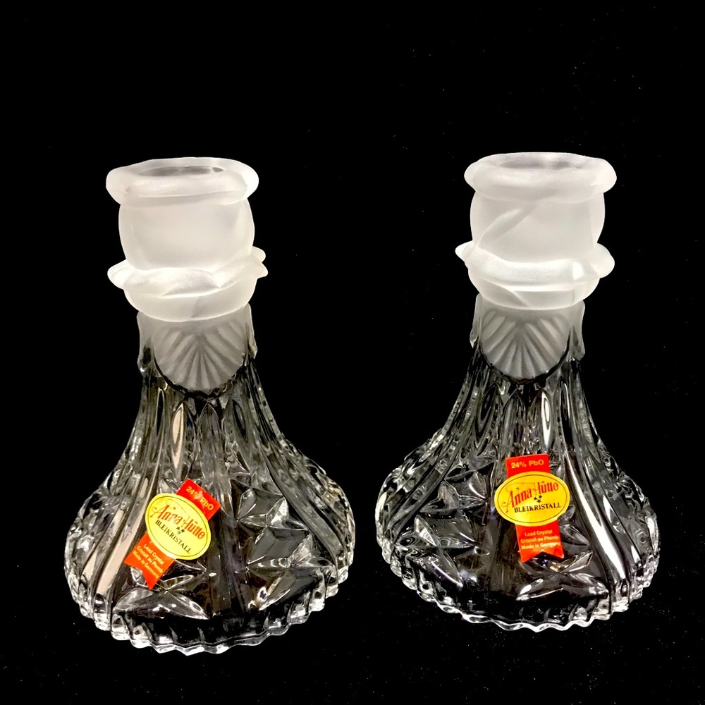 Frosted rose crystal candle holders. Made in Germany. Anne Hutte. Set of two